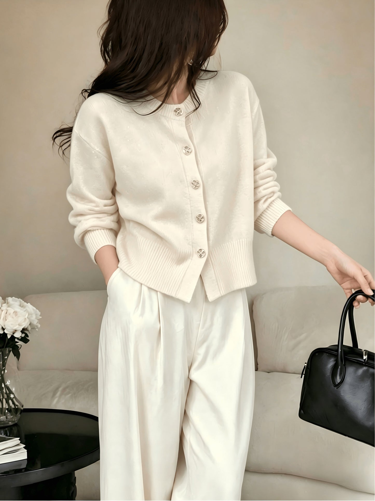 Women's Cozy Viscose Cardigan with Floral Button Detail