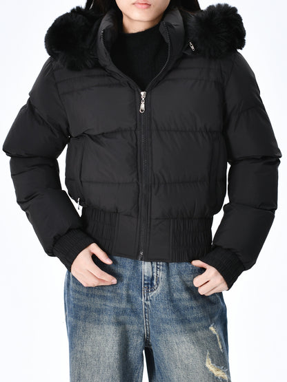 Elegant Polyester Padded Jacket for Women - 2024 Fashion Short Solid Color Coat with Thick Faux Fur Collar, Long Sleeves, Zipper Detail, Woven - Winter Warmth Casual Outerwear