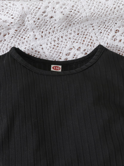 Casual Black Puff Sleeve Top & Apricot Wide-Leg Pants Set