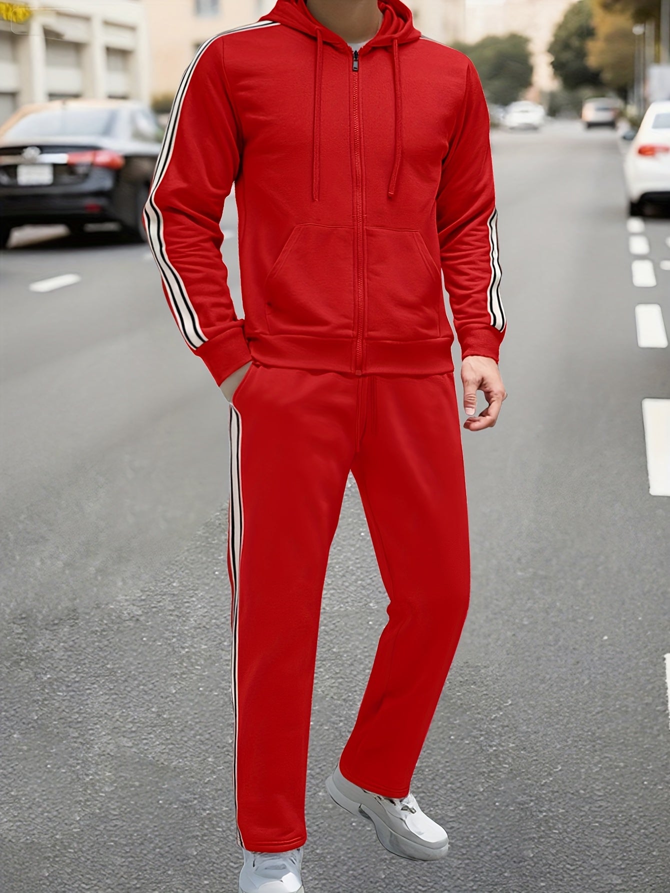 New Cross-Border Casual Sportswear Set of 2pcs, Hooded Zipper Cardigan Jacket Is Easy And Easy to Match, Side Striped Sweatpants Hide Meat And Show Long Legs, Daily Commute, Full of Comfort, Black Main Tone + Side Stripes