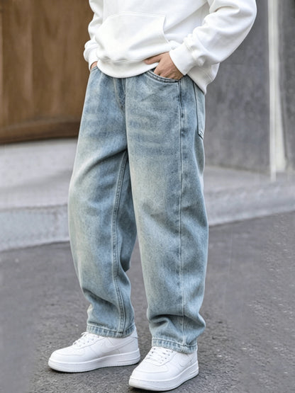 Boys' Baggy Washed Denim Jeans with Elastic Waist, Vintage Style
