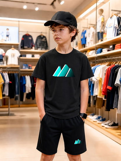 Boys' Casual Cotton T-Shirt and Shorts Set - Geometric Print