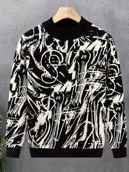 Temujin OBM Men's Fashion Trendy New Jacquard Semi-High Neck Knit Long Sleeve Pullover Sweater