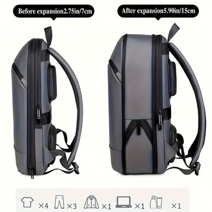 Expandable Black Nylon Business Backpack with Padded Laptop Compartment, Lightweight with Trolley Sleeve, Durable Zipper, Multi-Pocket Design, Splicing and Color Block Detail, Ideal for Daily Commute and Travel - Wet Wipe Cle