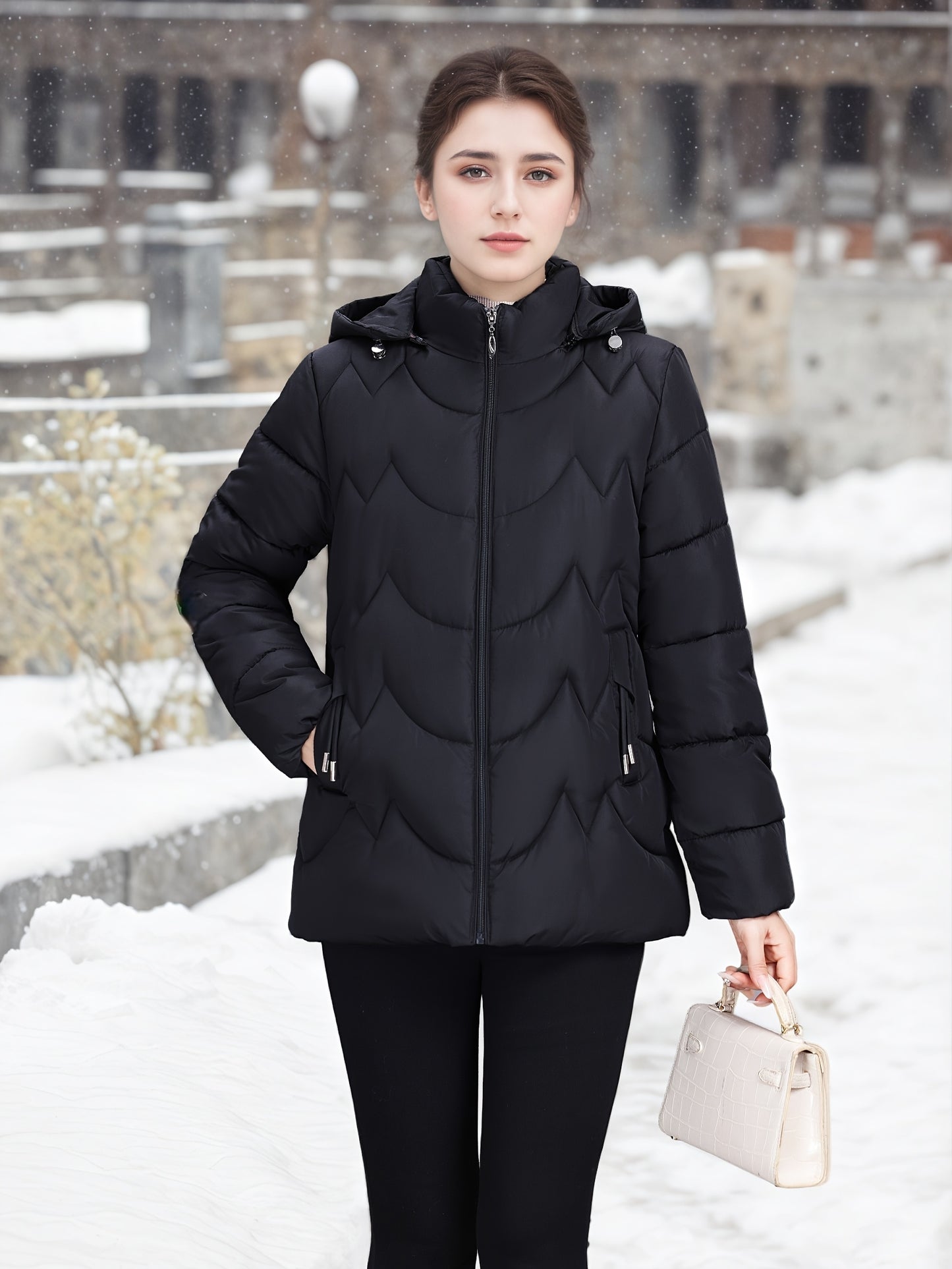 Women'S Elegant Black Winter Puffer Jacket - Long Sleeve, Zip-Up, Casual Style with Beaded Detail, Perfect for Snowy Days, Casual Winter Wear | Zippered Jacket | Functional Pockets