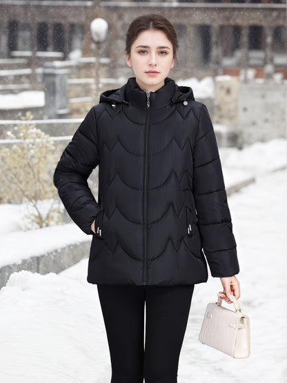 Women'S Elegant Black Winter Puffer Jacket - Long Sleeve, Zip-Up, Casual Style with Beaded Detail, Perfect for Snowy Days, Casual Winter Wear | Zippered Jacket | Functional Pockets