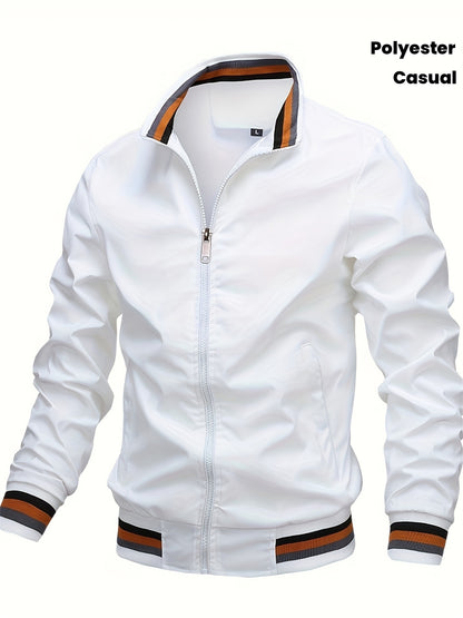 Men's Vintage-Inspired Hip Hop Baseball Jacket - Casual Sports Outerwear with Stand Collar, Zip-Up, Polyester - Perfect for Fall/Winter