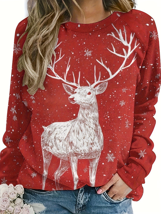 Women'S Christmas Sweater - Red & White Deer Graphic Pullover Sweater, Loose Fit Long Sleeve Holiday Sweater for Christmas Party, Family Gathering, Christmas Clothes, Christma Jumper Women Plu Size, Christma Plu Size Women, C