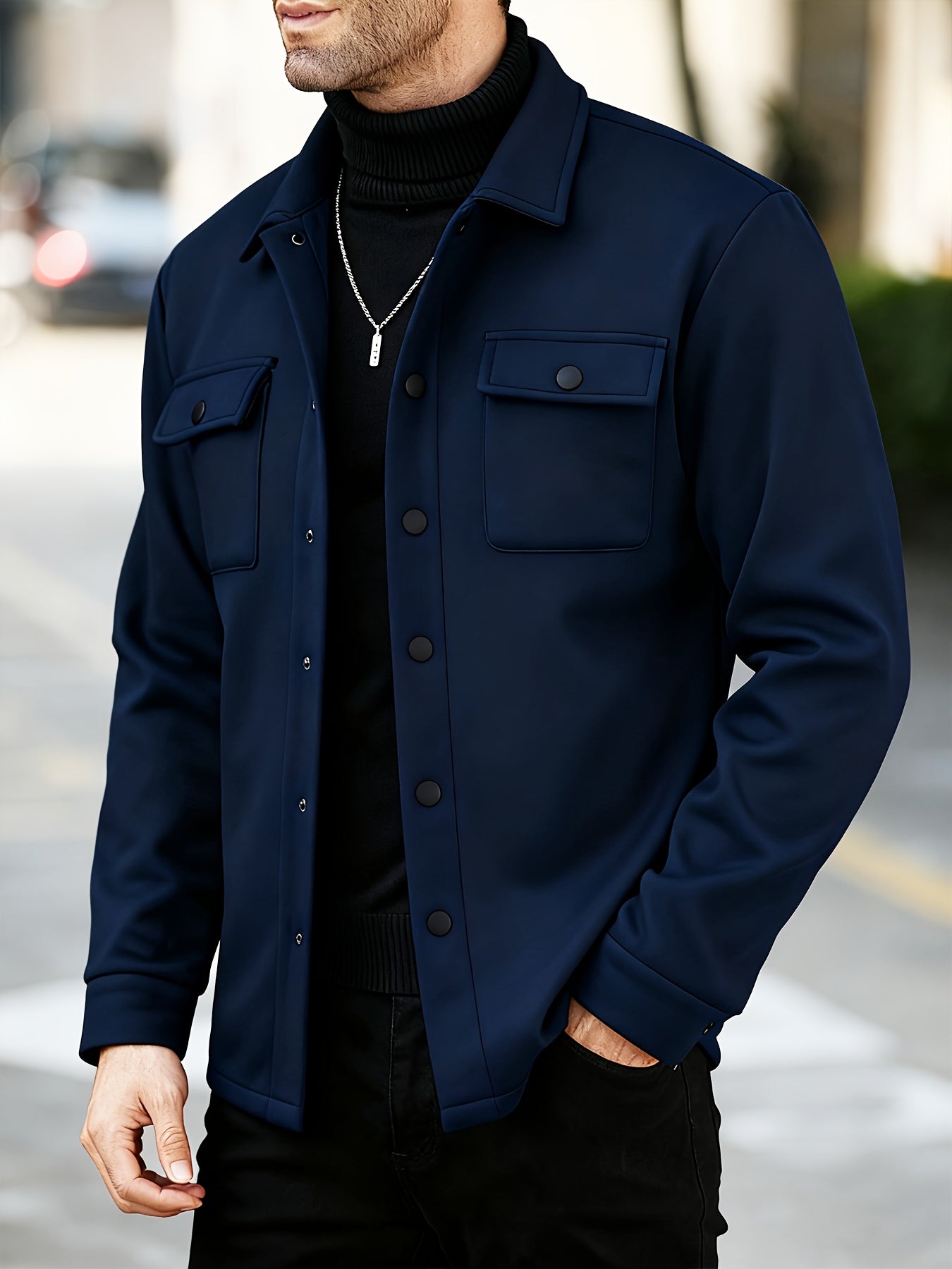 Men's Solid Color Lined Workwear Shirt Jacket with Snap Buttons
