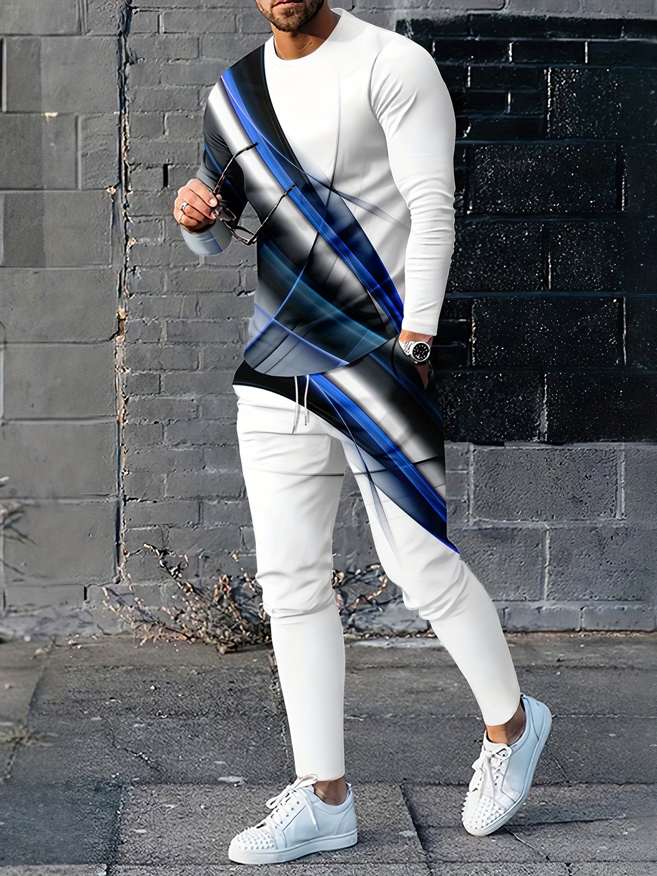 2pcs Men's Gradient Color Random Patter Long Sleeve T-shirt + Pants Set, Casual Co-ord Set For All Seasons