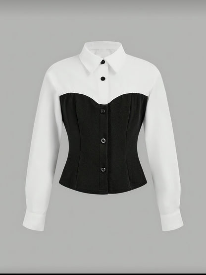 Girls' Casual Black & White Patchwork Long Sleeve Shirt Set