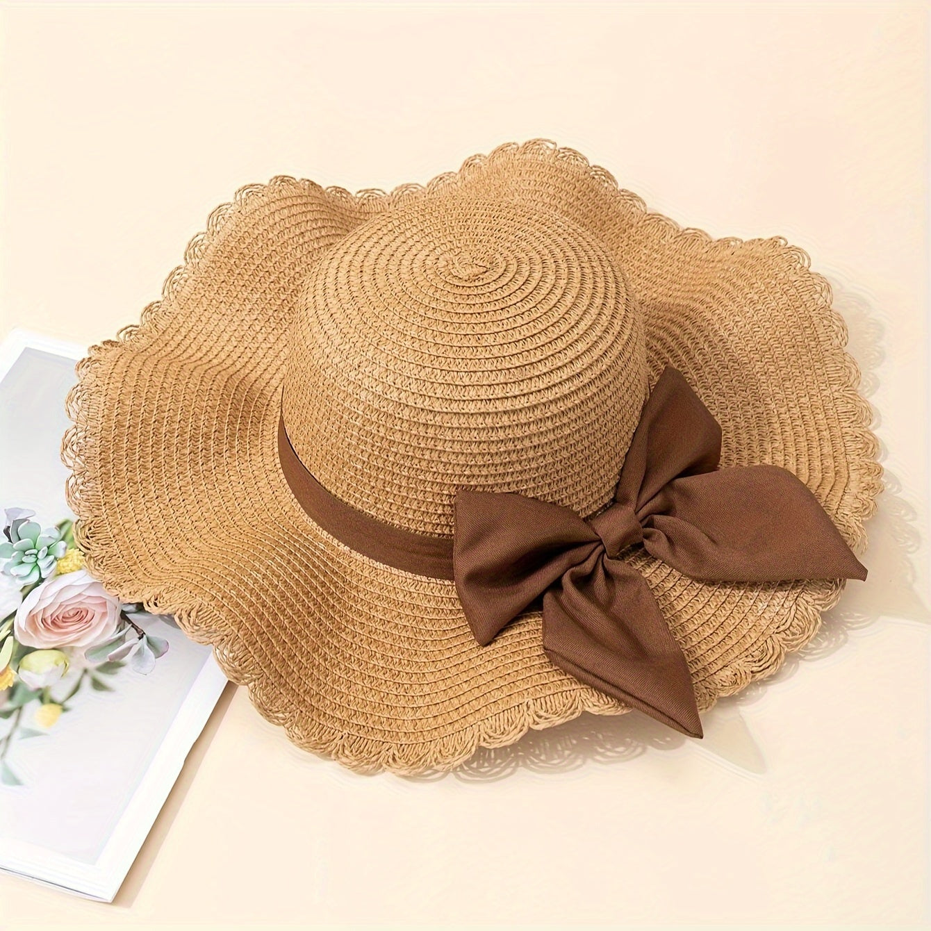 Women's Khaki Straw Hat with Bow – Lightweight Summer Beach Hat