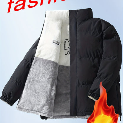 Men'S Double-Sided Fleece-Lined Thickened Jacket - Casual Stand Collar with Letter Print, Regular Fit, Pockets, Polyester Fill, Versatile for Fall/Winter, Winter Jacket