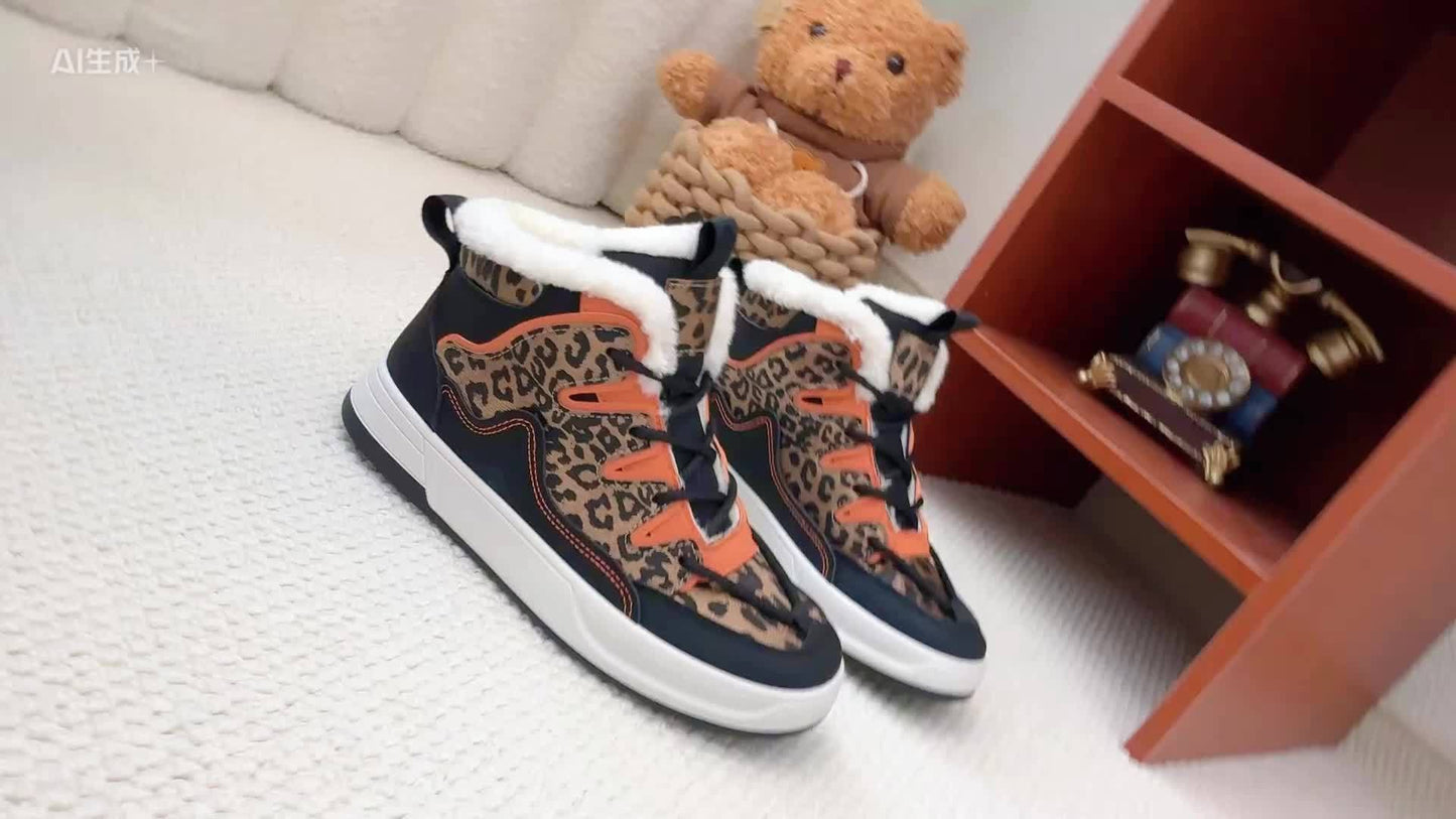 Women'S Stylish Leopard Print Winter Sneakers - Warm Fleece-Lined Casual Shoes with Thick Cushioned PVC Sole, Black & Orange Design, Perfect for Fall/Winter, Winter Sneakers | Leopard Print Shoes | Durable PVC Sole