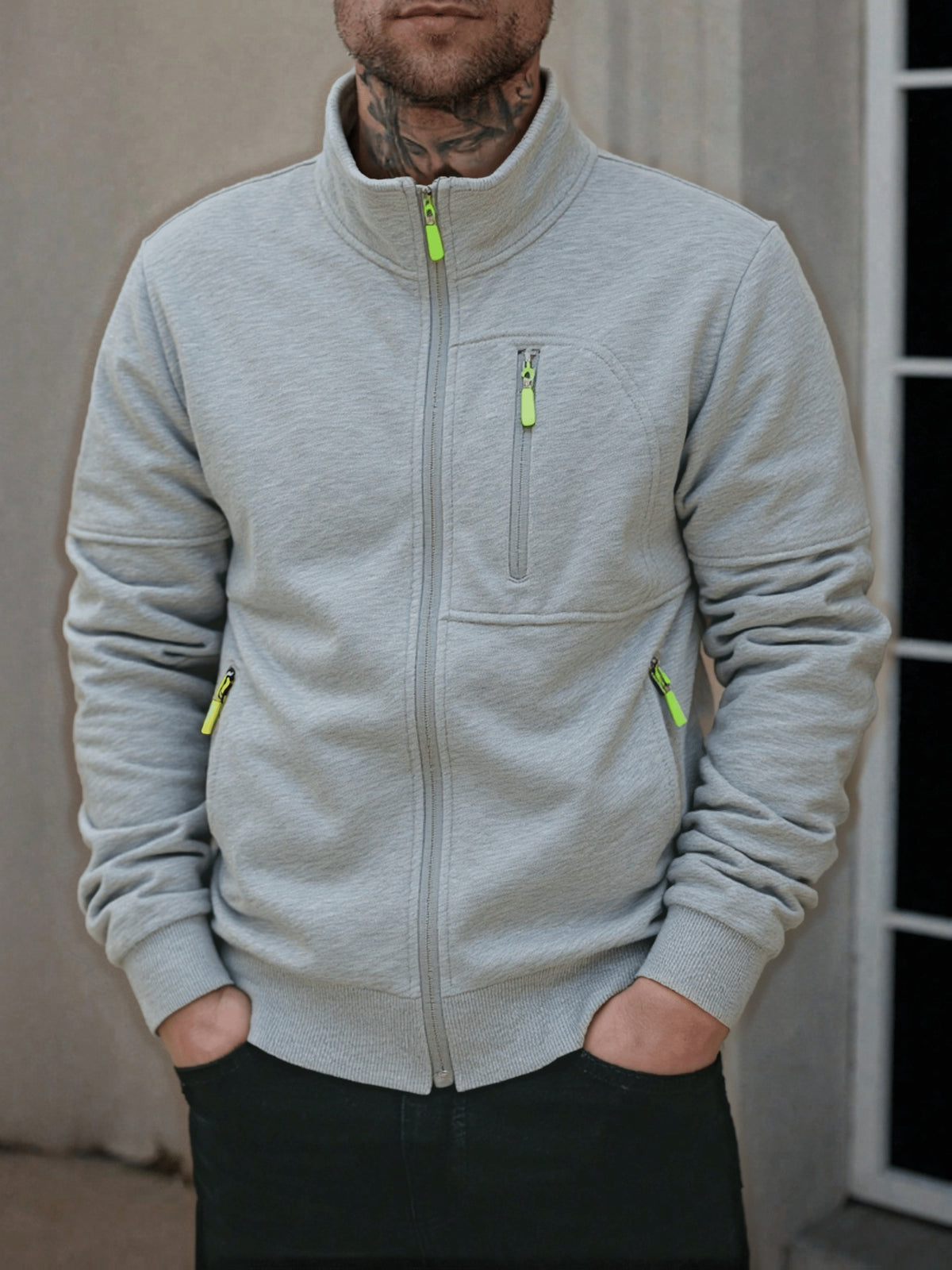 Men's Casual Stand Collar Zipper Fleece Jacket for Fall Winter