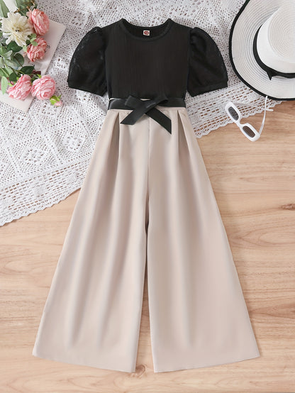 Casual Black Puff Sleeve Top & Apricot Wide-Leg Pants Set