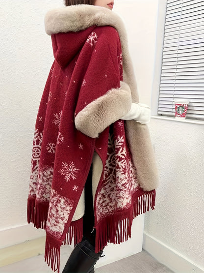 Plus Size, Women's Elegant Red and Beige Christmas Cape - Hooded Winter Cloak with, Non-Stretchy Fabric for Holiday Parties, New Year's Eve, Everyday Winter Outfits - Elegant Special Line, Seasonal Fashion, Stylish Fringe Tri