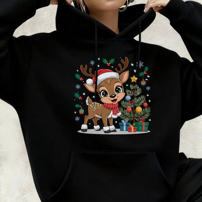 Women'S Christmas Hoodie - Thick Fleece-Lined Winter Sweatshirt with Deer & Snowflakes, Plaid Santa Hat Design, Cozy Casual Pullover for Holiday Party Outfits
