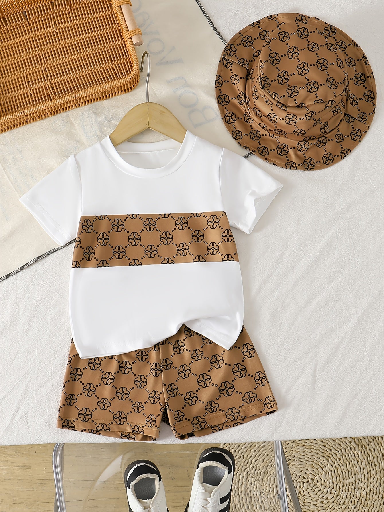 Baby Toddler Patchwork T-Shirt Shorts Set with Hat for Summer