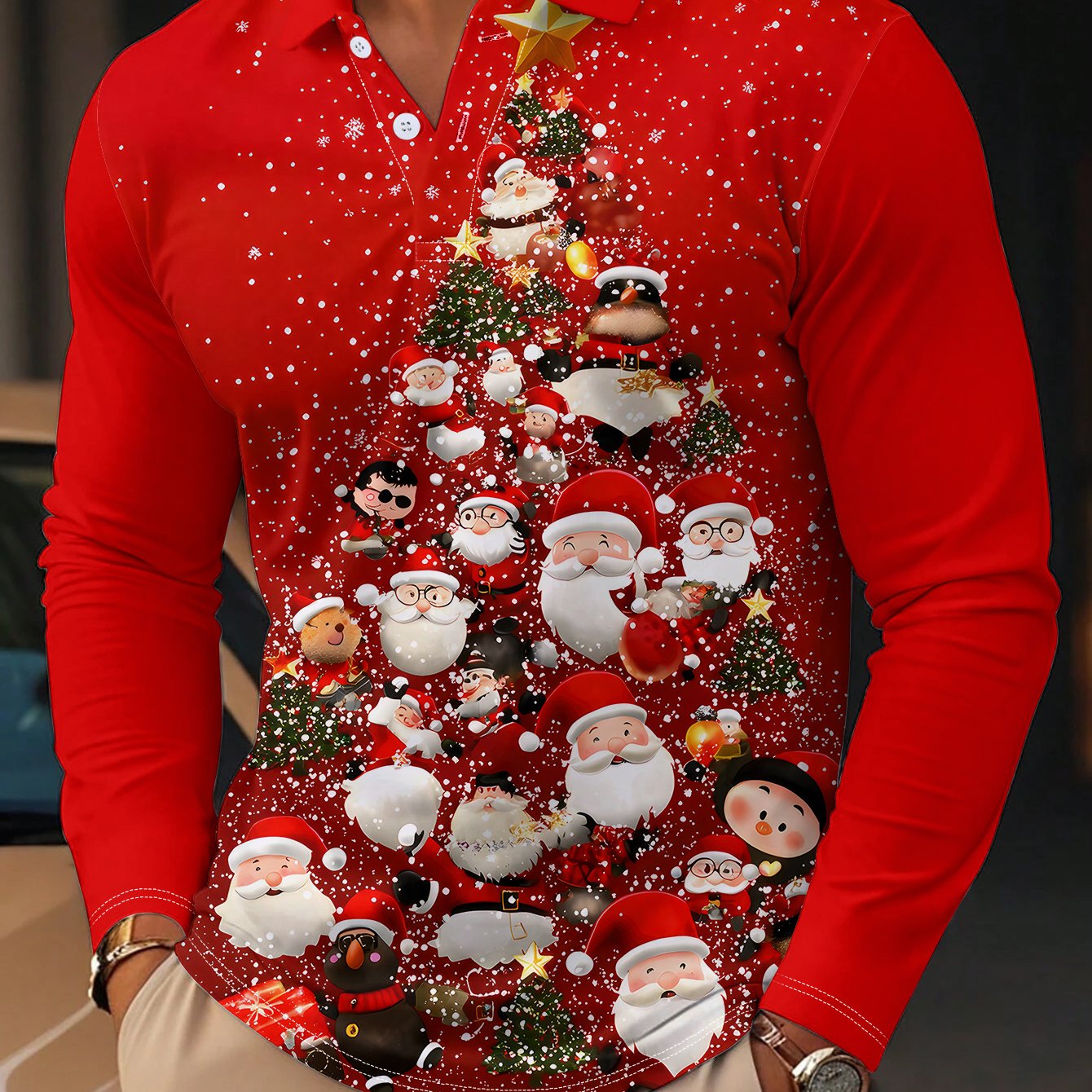 Men's Christmas Santa Claus Tree Shirt - Long Sleeve Button-Up Holiday Party Outfit with Santa Faces - Machine Washable Red Christmas Attire for Office, Home, and Gifts - Festive Casual Tops for Adults, Christmas Garland, Sea