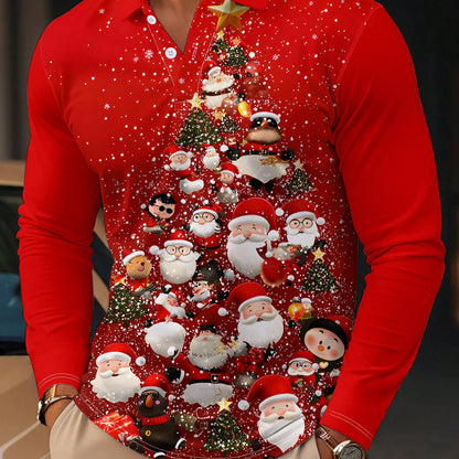 Men's Christmas Santa Claus Tree Shirt - Long Sleeve Button-Up Holiday Party Outfit with Santa Faces - Machine Washable Red Christmas Attire for Office, Home, and Gifts - Festive Casual Tops for Adults, Christmas Garland, Sea