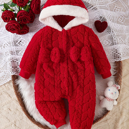 Baby Girls' Winter Snowsuit - Soft Flannel Full-Zip Hooded Romper with Plush Fleece Lining, Cozy Long-Sleeve Outfit with Snap Closure & Fleece Trim, Machine Washable Red Snowsuit for & (Winter Clothes) - Adorable 3D Bow & Fle