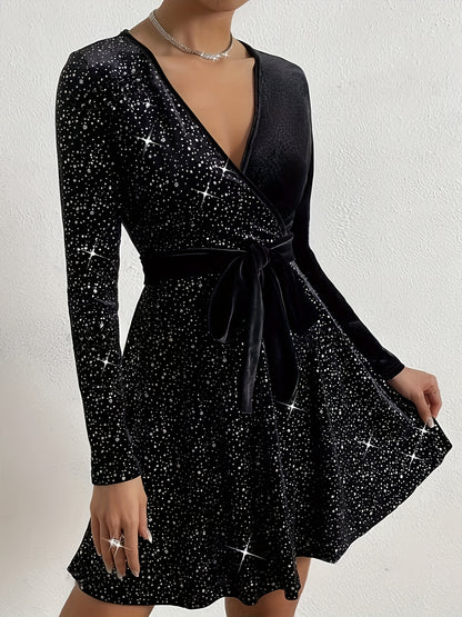 Elegant Women’s Velvet Dress with Cross Neck and Belt - Long Sleeve, Black with Sparkling Stars, Polyester Blend, Machine Washable, Perfect for Casual or Evening Wear