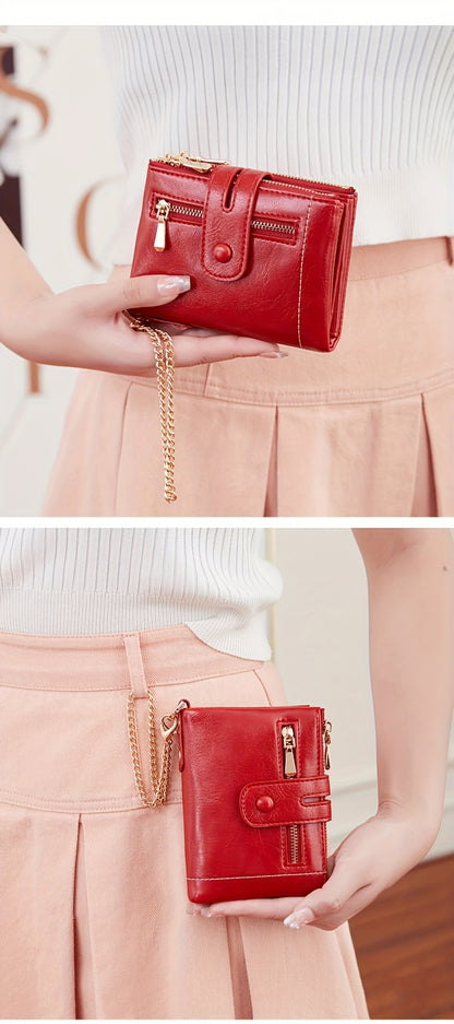 MIYIN Women'S & Men'S Red Bifold Wallet with Anti-Theft Chain Lock, Golden-Tone Hardware & Removable ID Window - Multi-Compartment Organizer with Card Slots