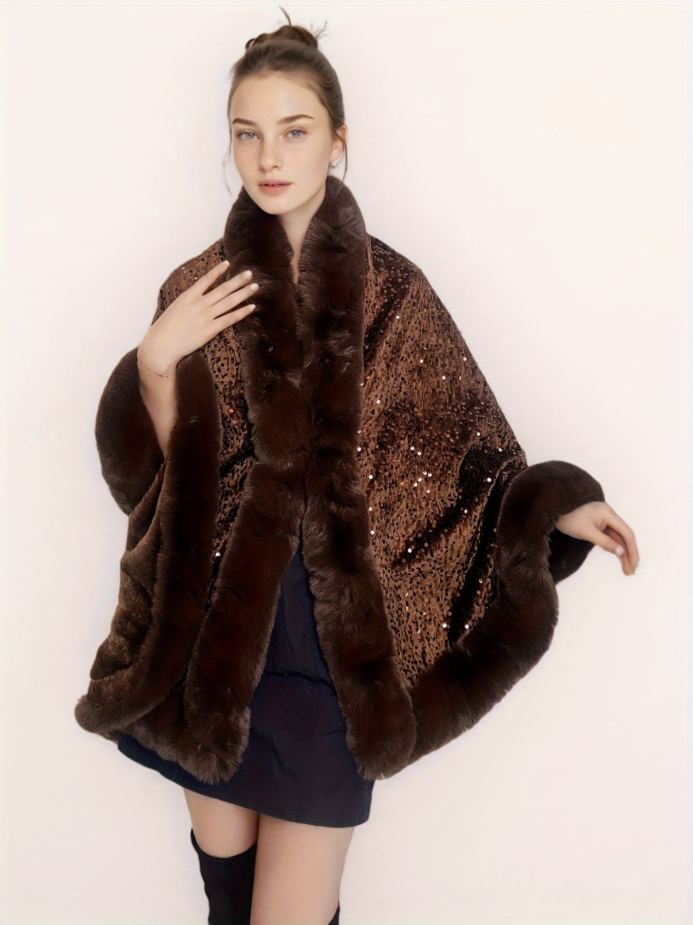 Plus Size, Women's Elegant Shawl Cloak Poncho - Luxury Brown Cape with Sparkling Glamour, Thick Winter Coat for Parties, Formal Events - Non-Stretch Fabric, Easy Care Elegant Wrap for Everyday Special Occasions, Party Wear, C