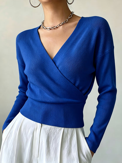 Women's Elegant Cross-Collar V-Neck Pullover Knitwear for Fall/Winter