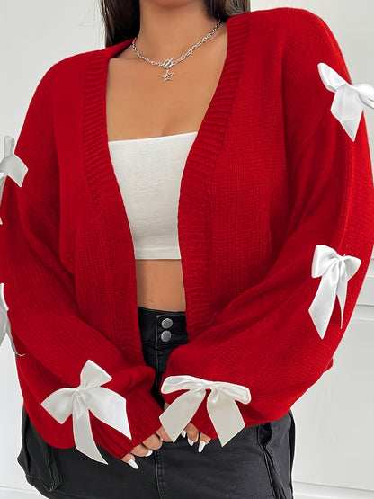 Plus Size - Women'S Casual V-Neck Cardigan with Playful Bow Details - Red, Long Sleeve, Button-Up Front, Lightweight & Breathable for Spring/Fall, Perfect for Casual Attire or Vacation Style, Spring Outerwear | Vneck Design |