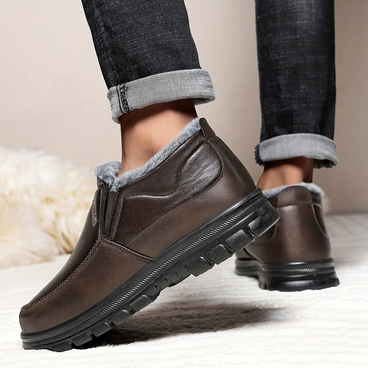 Men'S Slip-On Winter Snow Boots with Fleece & Arch Support - All-Season Cold Weather Hiking Shoes, Slip-Resistant Rubber Sole, Round Toe Design For Casual & Outdoor Wear, Hiking Boots