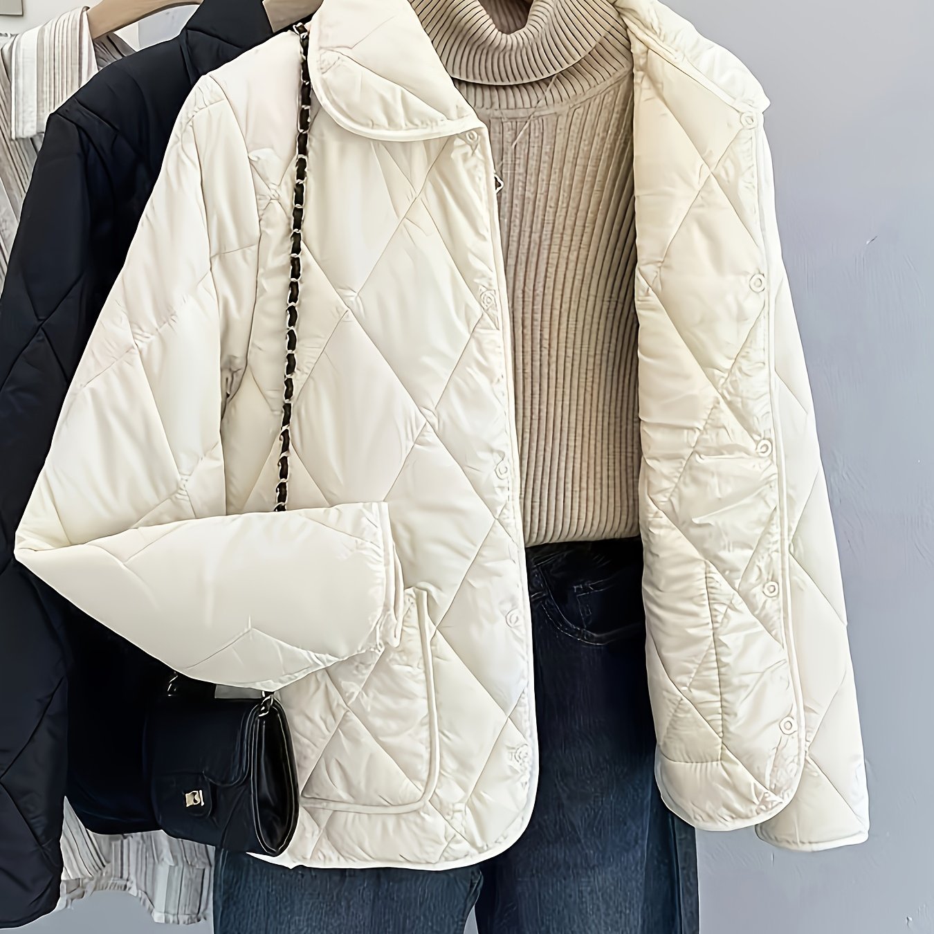 Women'S Quilted White Puffer Jacket - Lightweight Long Sleeve - Button-Up Front - High-Quality Polyester - Machine Washable - Casual Style for Spring, Fall & Winte
