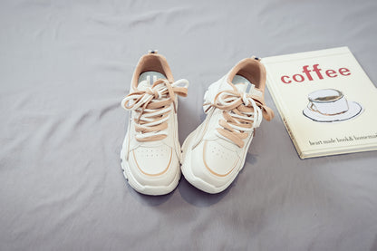 Women's Trendy Chunky Sneakers - Breathable Lace-Up Dad Shoes with Thick PVC Sole, White  Beige Two-Tone Design, Versatile Low-Top Style for Casual Attire