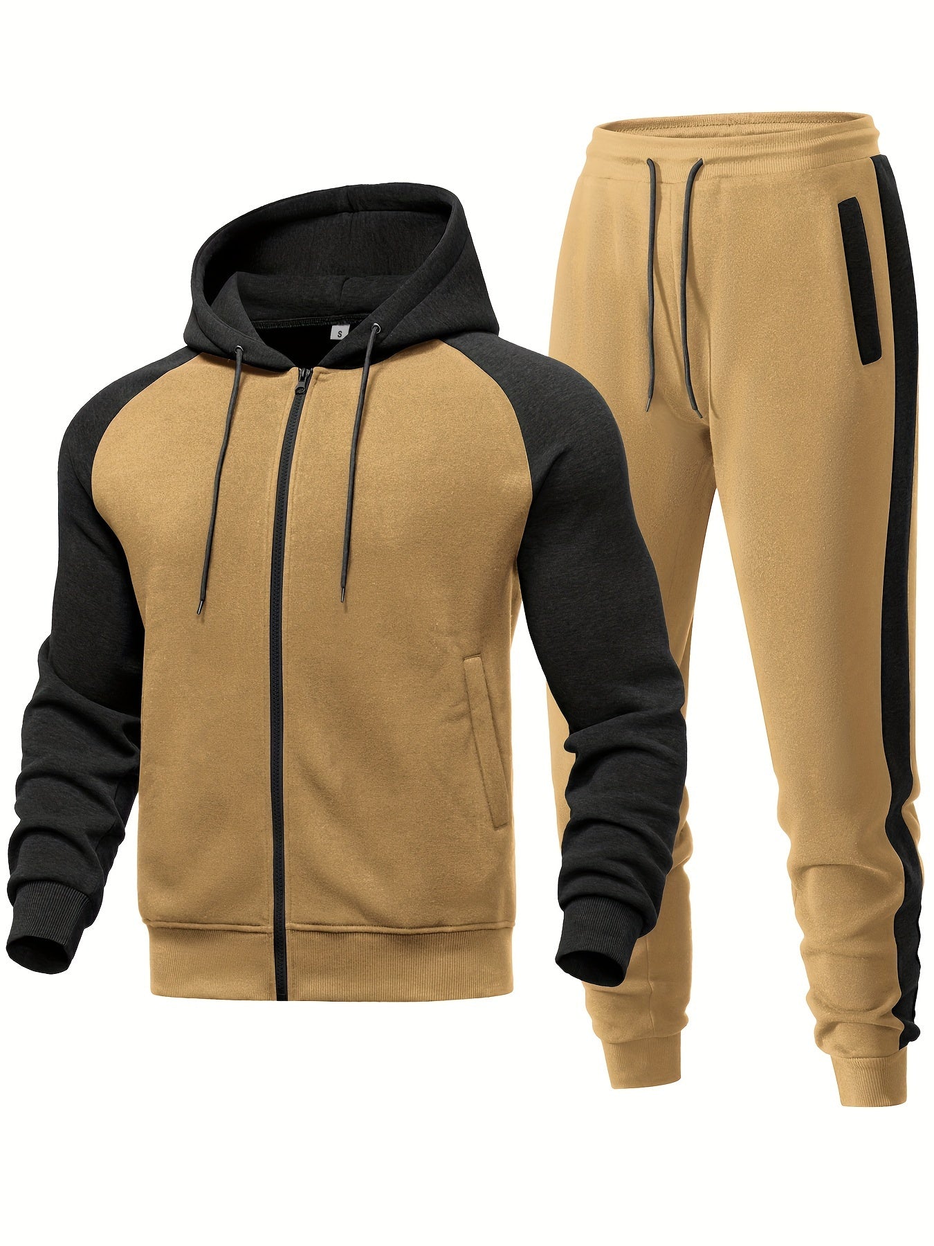 Men's Casual Sports Hoodie Two-Piece Set Four Seasons Color-Matching Zipper Drawstring Waist Jogging Suit