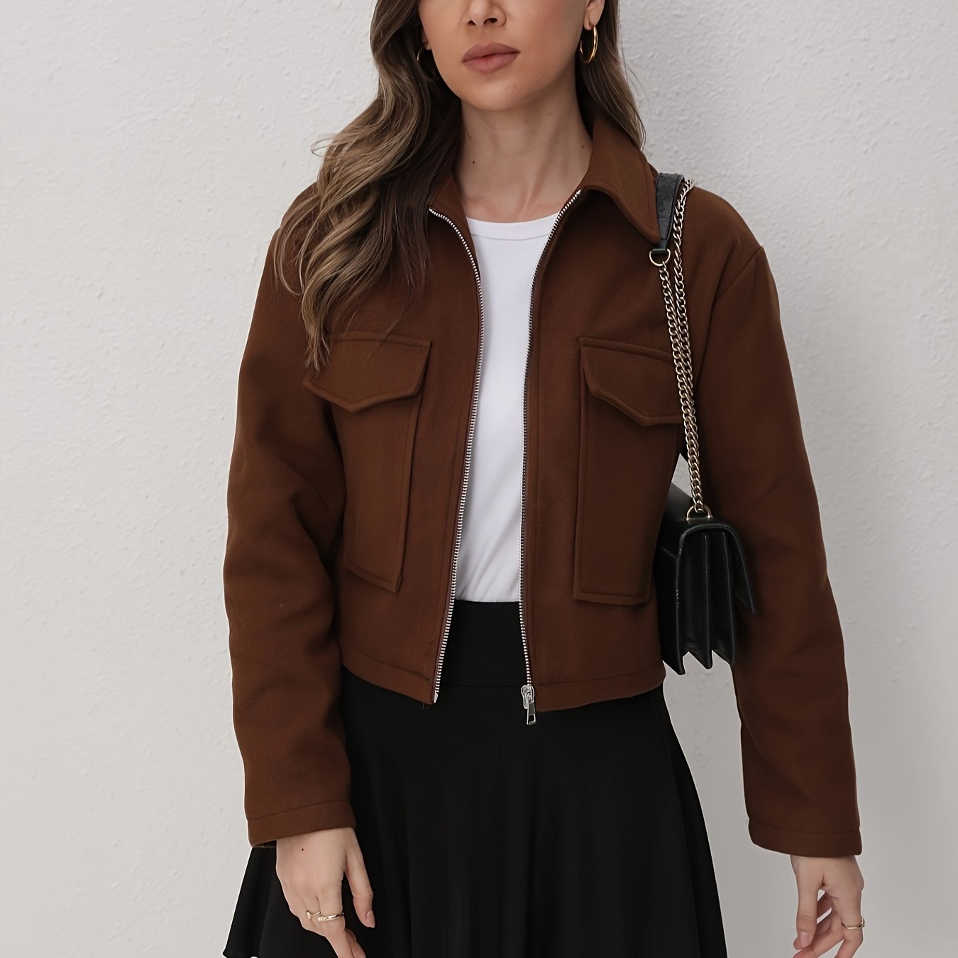 Women'S Solid Color Long Sleeve Zip-Up Jacket - Black, Casual Fall/Winter Outerwear with Pockets, Button-Up Front, and Flap Pockets, Casual Outerwear | Buttonup Jacket | Zippered Jacket, Winter Coat Women, Coat Women Winter,