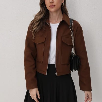 Women'S Solid Color Long Sleeve Zip-Up Jacket - Black, Casual Fall/Winter Outerwear with Pockets, Button-Up Front, and Flap Pockets, Casual Outerwear | Buttonup Jacket | Zippered Jacket, Winter Coat Women, Coat Women Winter,