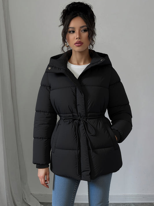 Women'S Elegant Black Puffer Jacket - Mid-Length Loose Fit with Adjustable Drawstring Waist, Long Sleeves, and Front Zipper, Casual Winter Outerwear for Cold Weather, Winter Jacket