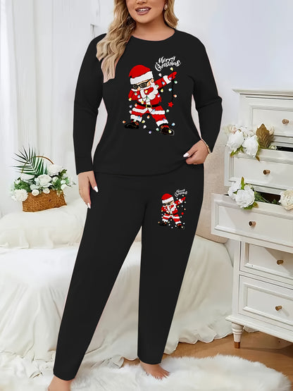 Plus Size - Plus Size - Plus Size - Women'S Plus Size Christmas & Halloween Two-Piece Set - Cozy Long Sleeve T-Shirt with Santa Claus & Snowflake Print, Pockets, and Matching Pants, Casual Holiday Outfit for Fall and Winter,