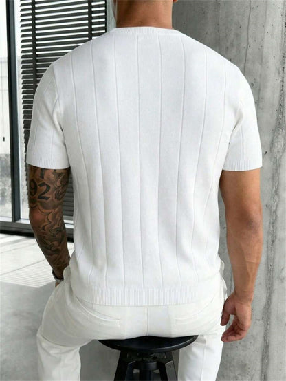 Men'S Slim-Fit Vertical Stripe Crew Neck Knit Short Sleeve T-Shirt | Breathable, Skin-Friendly Fabric, Ideal for Casual and Business Occasions, Versatile Layering Piece - ayq