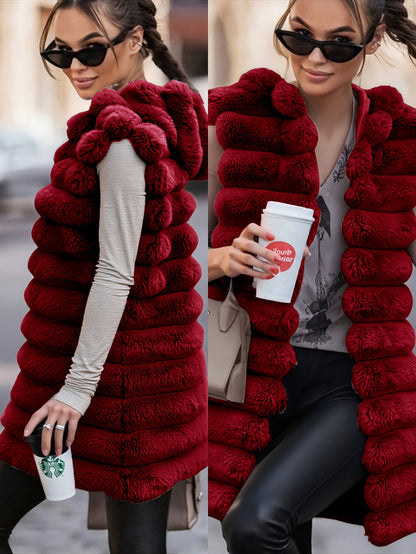 Women'S Cozy Faux Fur Hooded Vest - Sleeveless, Black, Casual Style, Perfect for Fall/Winter, Casual Winter Wear | Hooded Vest | Soft Texture Vest