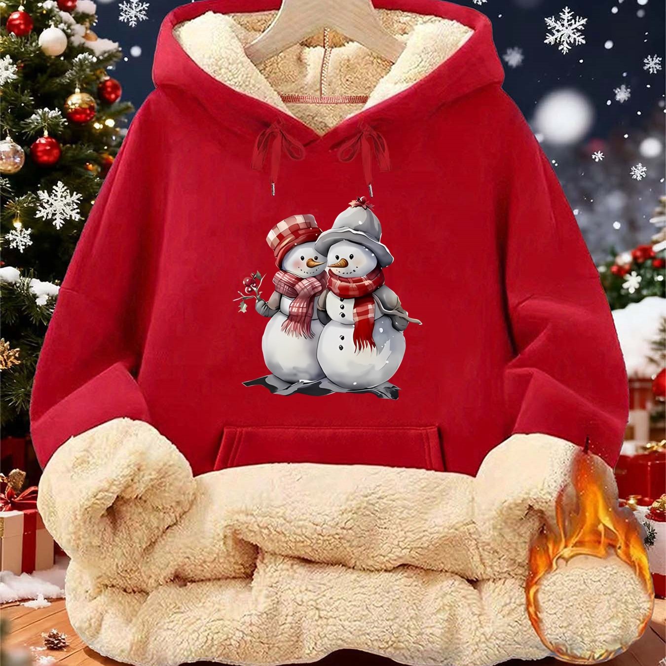 Women'S Winter Warmth Hooded Sweatshirt with Cute Snowman & Snowflake Print - Thick Fleece-Lined Long Sleeve Pullover, Cozy Casual Winter Sweater for Fall & Winter, Winter Sweatshirts, Seasonal Clothing, Playful Design, Soft