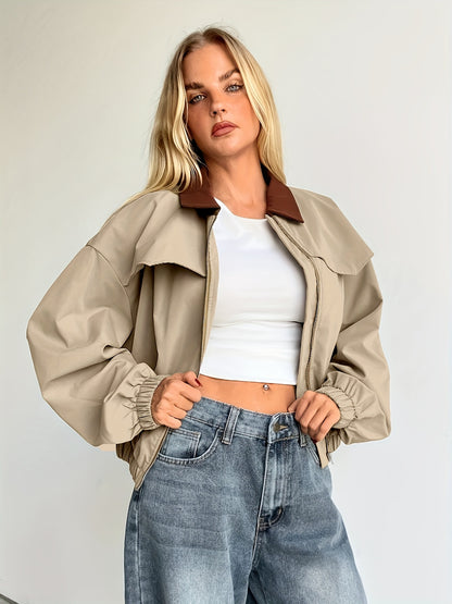 Women'S Lightweight Square Neck Jacket - Beige Casual Spring/Fall Jacket with Brown Trim, Long Sleeves, and Front Pockets for Stylish Layering, Lightweight Jacket