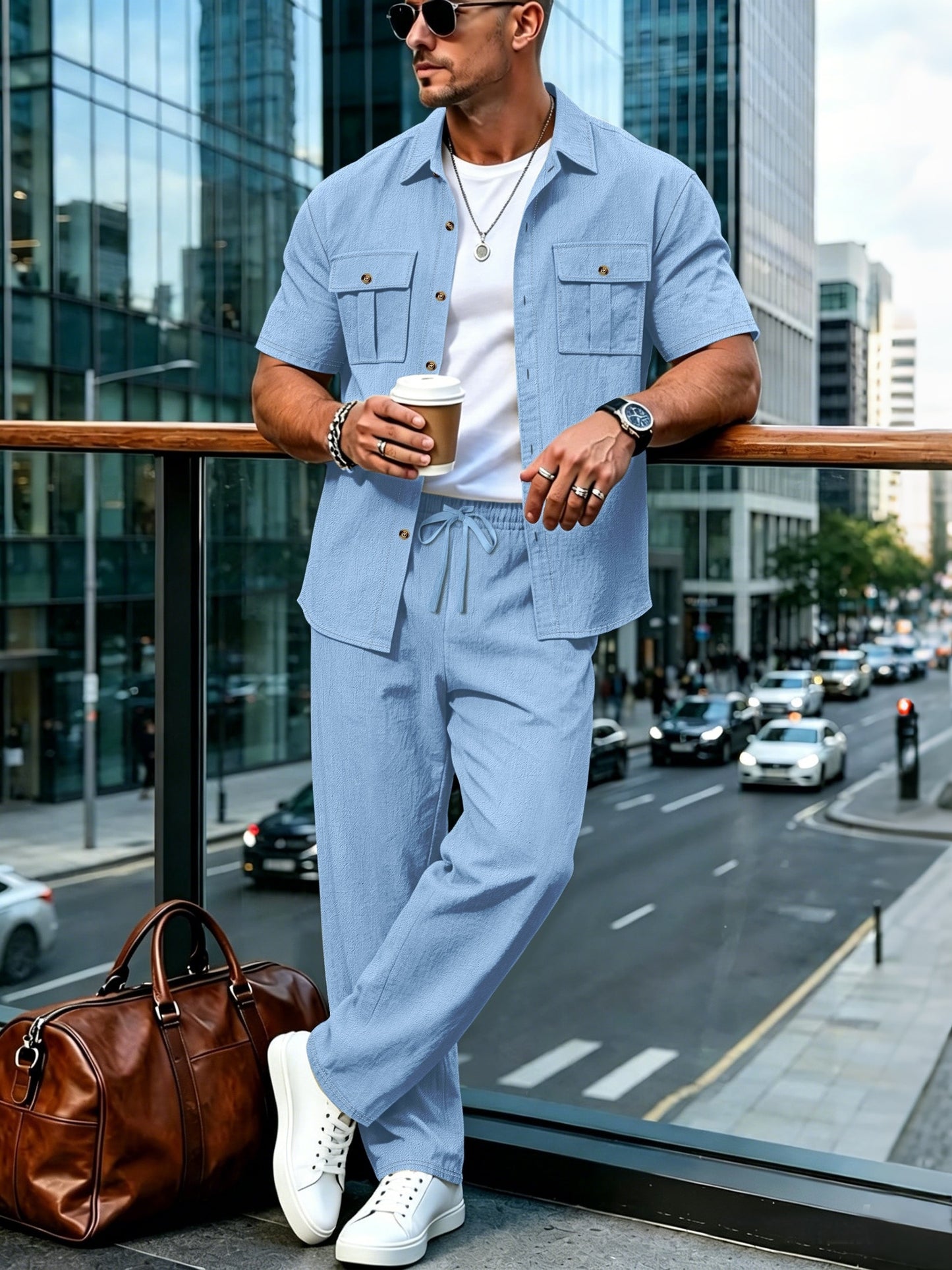 Men's Summer Casual Linen Blend Two-Pocket Shirt & Pants Set