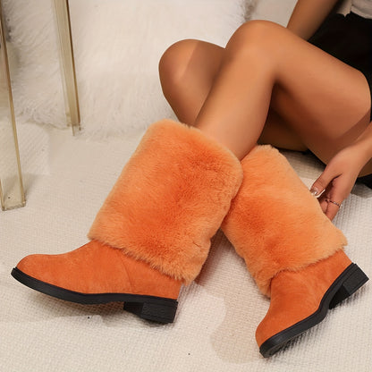 Women's Fashion Solid Color Mid-Calf Fluffy Boots with Slip-On Closure, Plain Toe Platform Heel, Comfy & Warm Fabric-Lined Winter Footwear - TPR Sole, Mid Heel, European Special from Huizhou