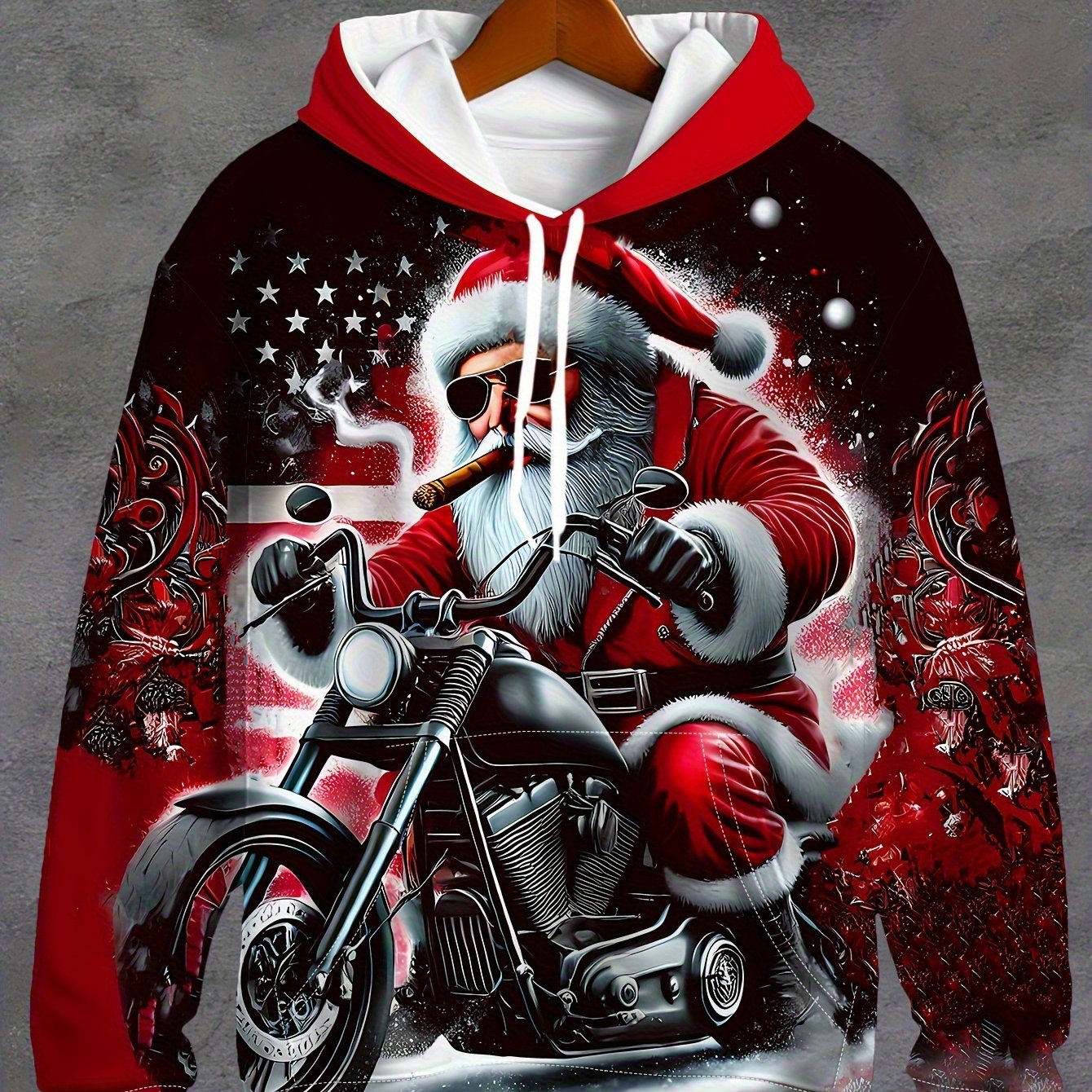 Plus Size Men'S Festive Santa Claus Motorcycle Hoodie - Long Sleeve, Casual Pullover with Drawstring and Kangaroo Pocket, Polyester, Machine Washable - Perfect for Autumn and Winter Street Style | Christmas Claus Motor Print