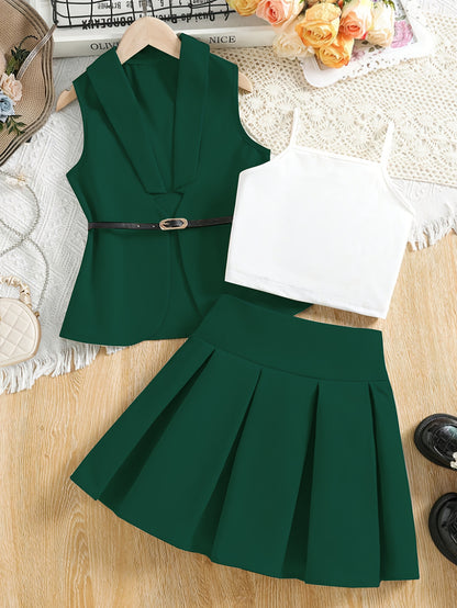 Girls' Preppy 3-Piece Set: Vest, Camisole, and Skirt for Spring