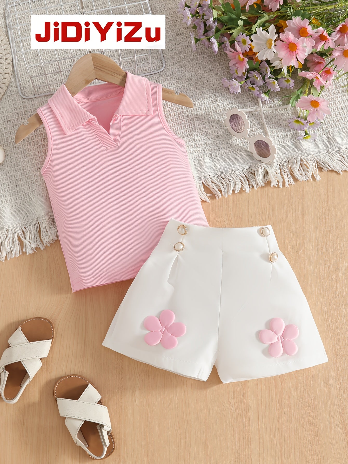 Girls' Sleeveless V-Neck Top & White Shorts Summer Set