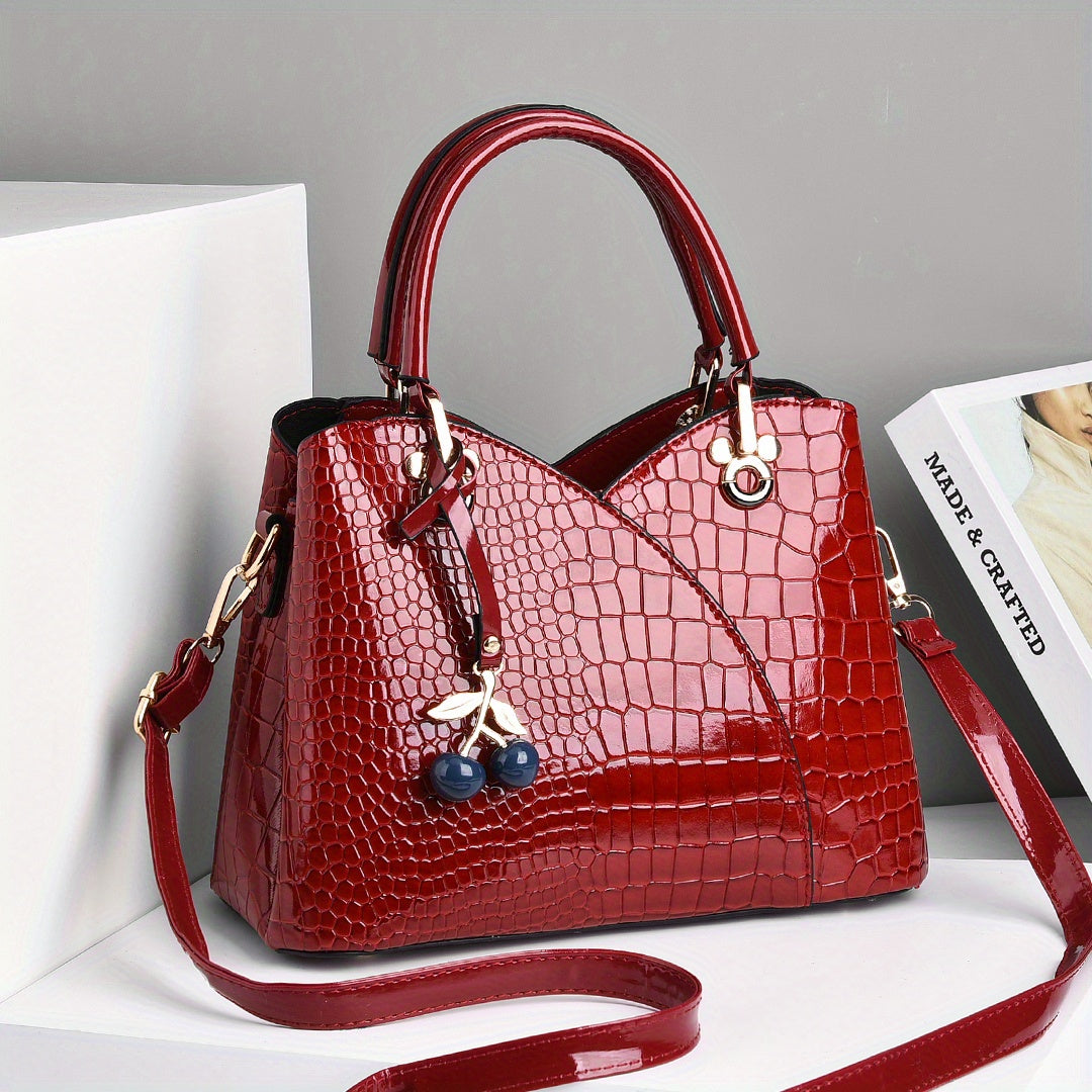 2022 Newest Trendy Women'S Faux Crocodile-Texture Handbag with Cherry Pendant - Stylish Black And Red Shoulder And Handbag, Zip Closure, Polyester Lining, Edge Paint Detail, Handbag|Chic Handbag|Zippered Bag