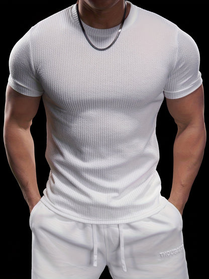 Men's Slim Fit Stretch Crew Neck Short Sleeve T-Shirt - Solid Color Black, Summer Casual  Sporty Tee for Casual Attire